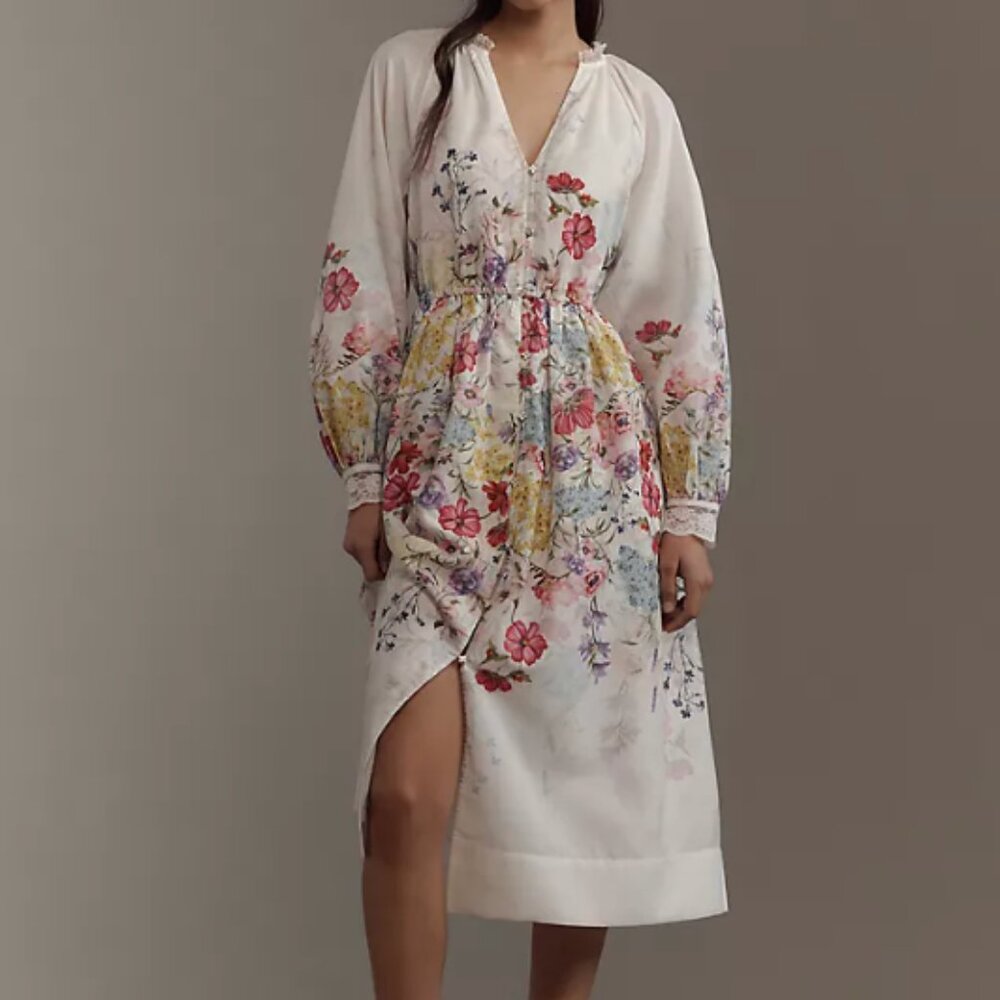 Anthropologie Let Me Be Long-Sleeve V-Neck Floral A-Line Midi Dress